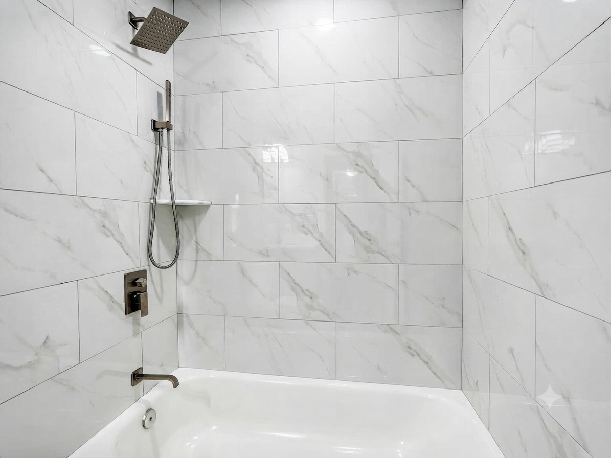 Marble tile shower and tub bathroom renovation